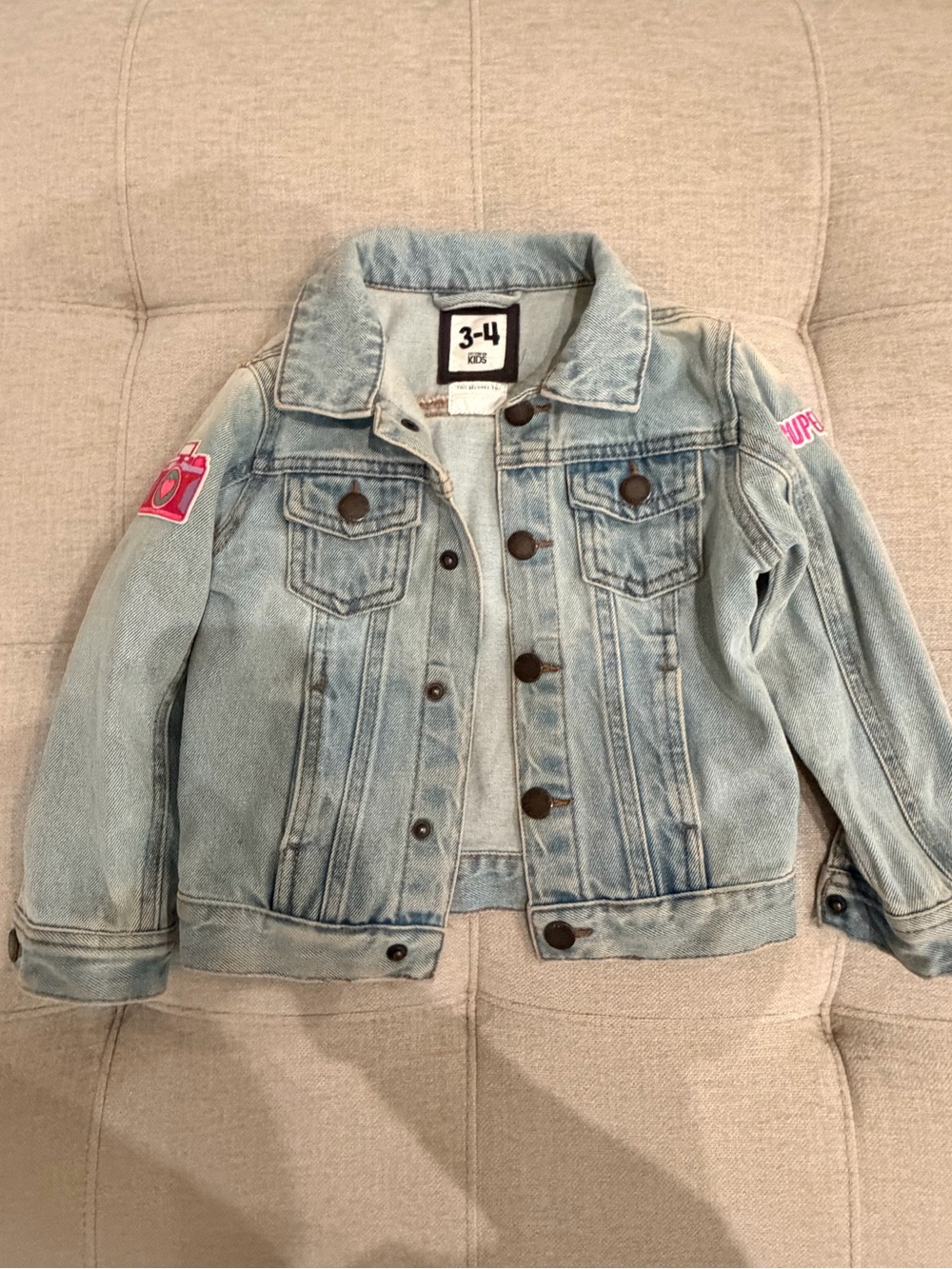 Kids Light Blue Denim Jacket with Pink Patch Detail - Size 3-4